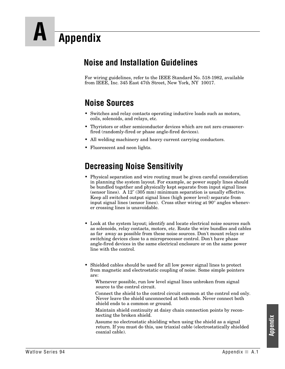 Appendix, Noise and installation guidelines, Noise sources | Decreasing noise sensitivity | Watlow Series 94 User Manual | Page 25 / 40