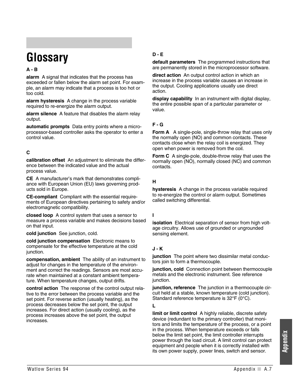 Glossary, Appendix | Watlow Series 94 User Manual | Page 31 / 40