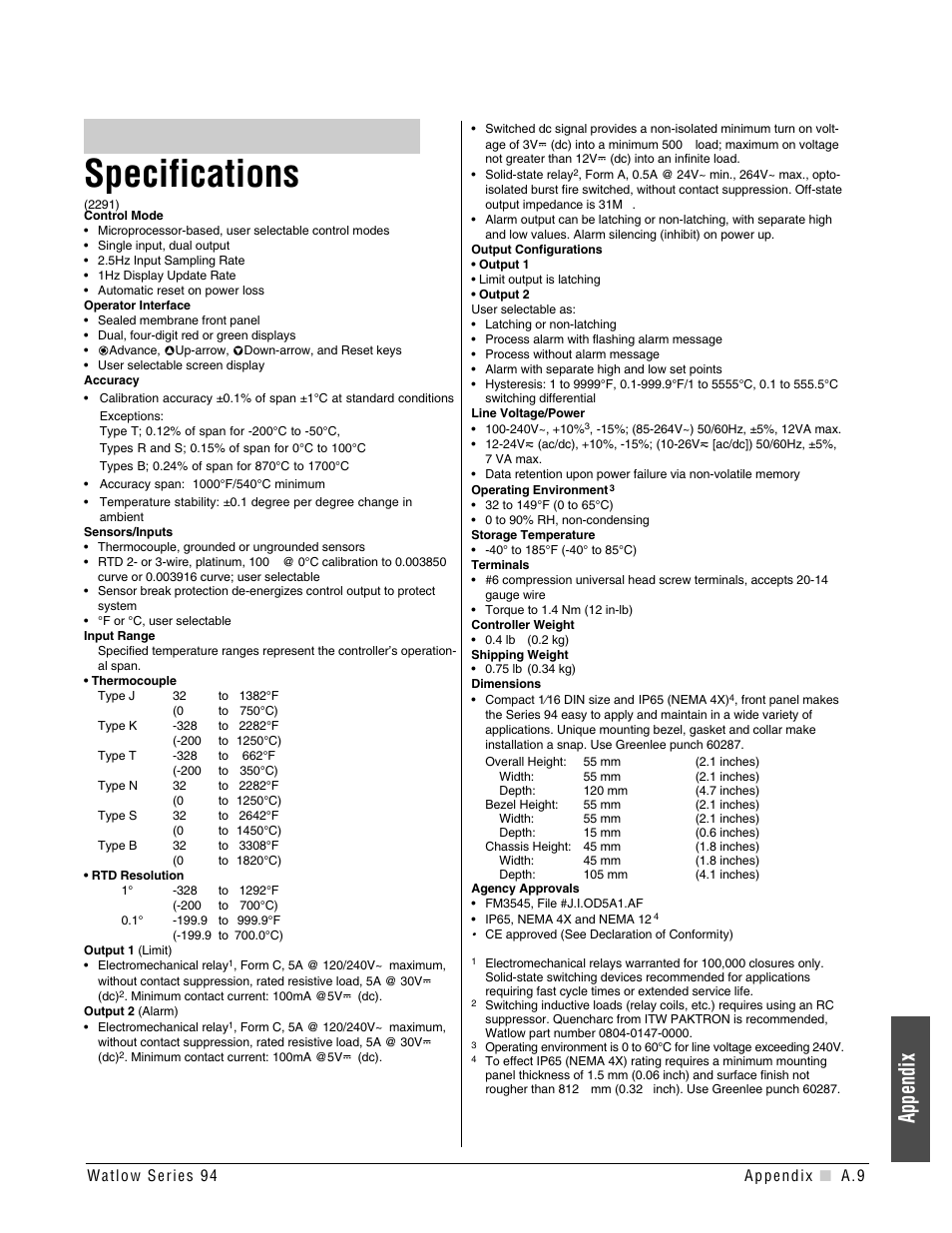Specifications, Appendix | Watlow Series 94 User Manual | Page 33 / 40