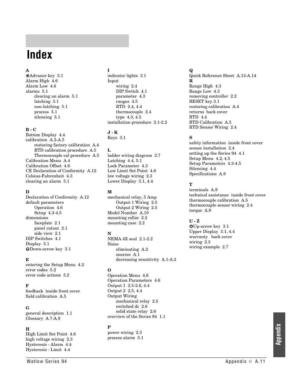 Index, Appendix | Watlow Series 94 User Manual | Page 35 / 40