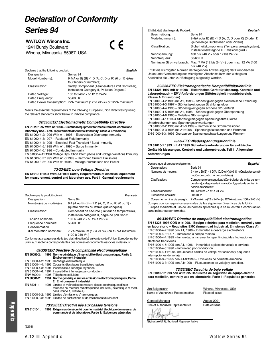 Declaration of conformity, Declaration of conformity series 94, Appendix | Watlow Series 94 User Manual | Page 36 / 40