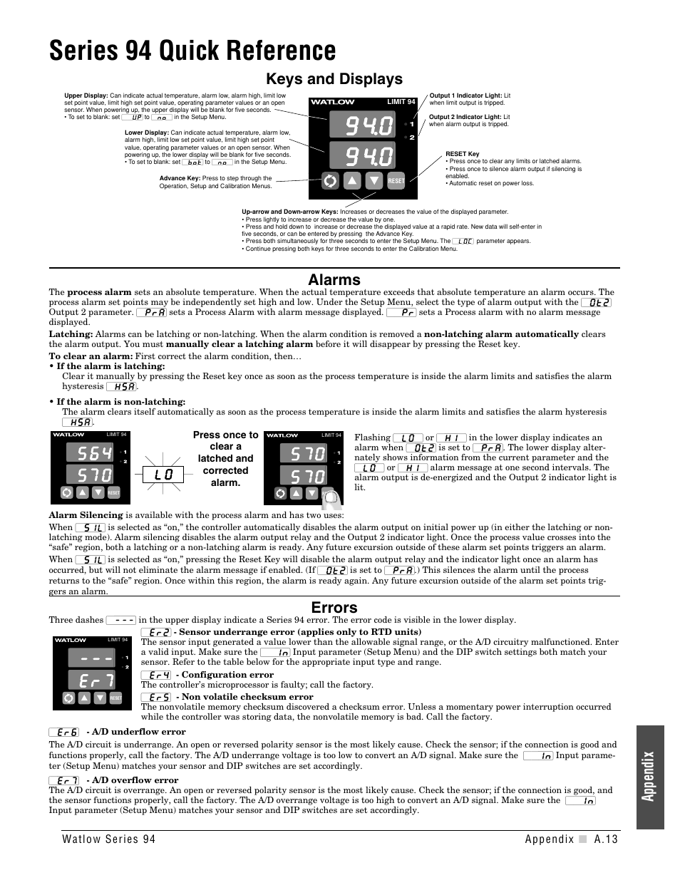 Series 94 quick reference, Keys and displays alarms, Errors | Appendix | Watlow Series 94 User Manual | Page 37 / 40