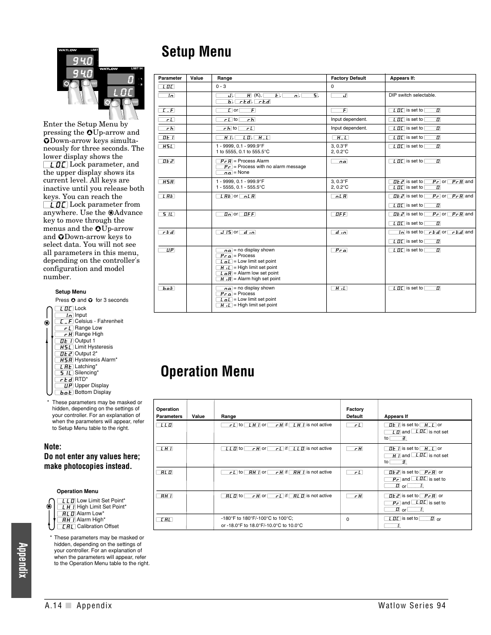Setup menu operation menu, Appendix | Watlow Series 94 User Manual | Page 38 / 40