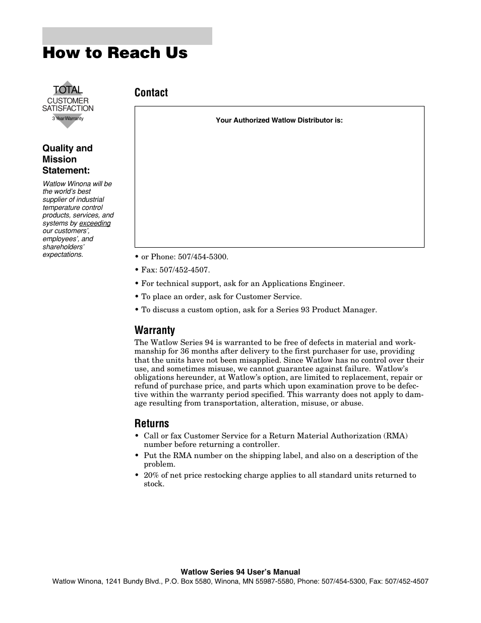 How to reach us, Contact, Warranty | Returns, Total | Watlow Series 94 User Manual | Page 40 / 40