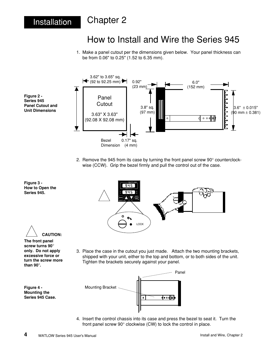 Chapter 2, Installation, How to install and wire the series 945 | Installation procedure, Dimensional information, Chapter 2 how to install and wire the series 945 | Watlow Series 945, 1/4 DIN Microprocessor-BasedAuto-tuning Control User Manual | Page 4 / 44