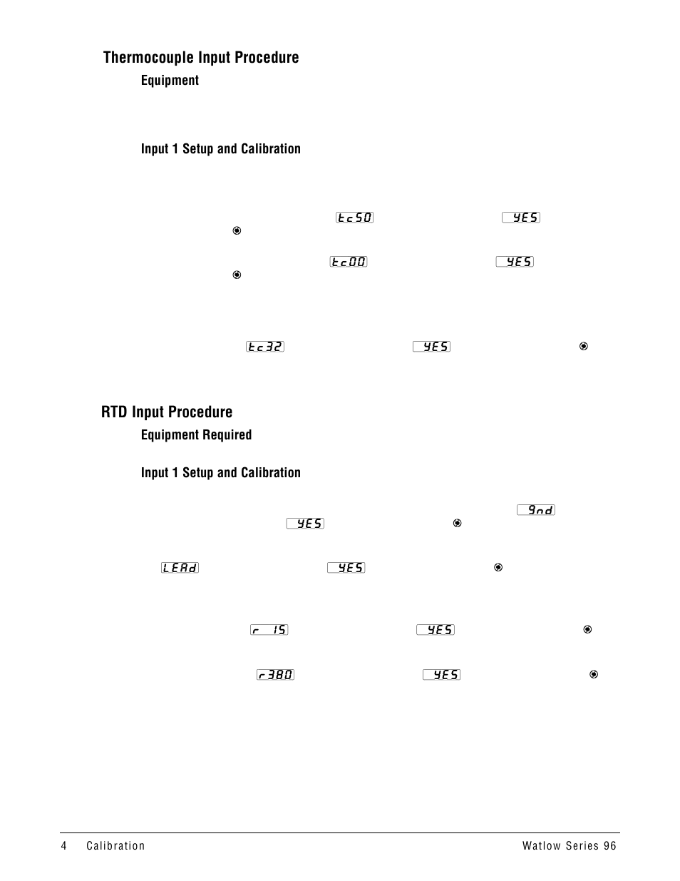 Thermocouple input procedure, Rtd input procedure | Watlow Series 96 Calibration Manual, 1/16 DIN Temperature Controller User Manual | Page 4 / 12