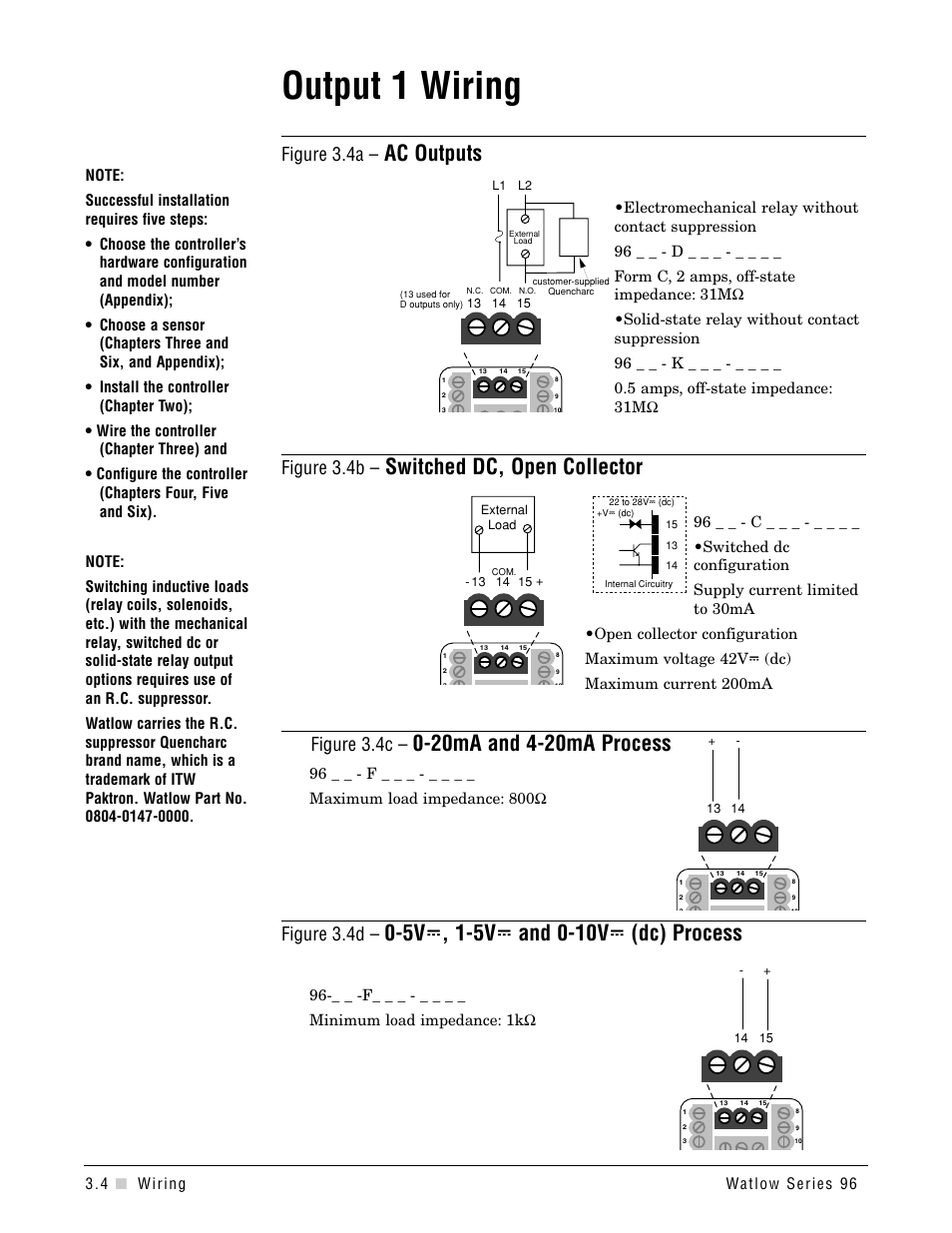 Output 1 wiring, Output 1, Ac outputs | Switched dc, open collector, Figure 3.4a, Figure 3.4b, Figure 3.4c, Figure 3.4d | Watlow Series 96 User Manual | Page 10 / 72