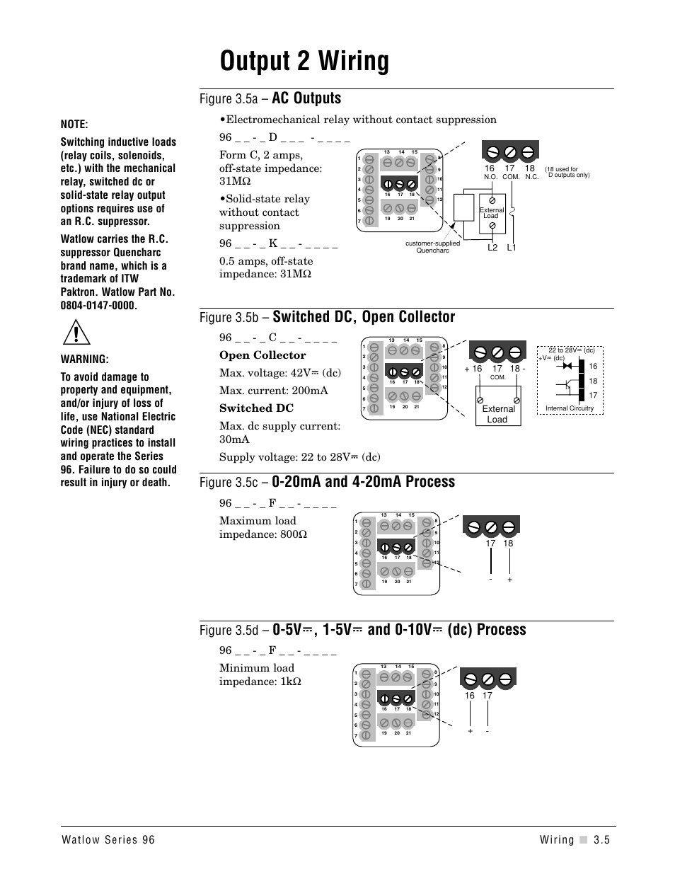 Output 2 wiring, Output 2, Ac outputs | Switched dc, open collector, Figure 3.5a, Figure 3.5b, Figure 3.5c, Figure 3.5d | Watlow Series 96 User Manual | Page 11 / 72