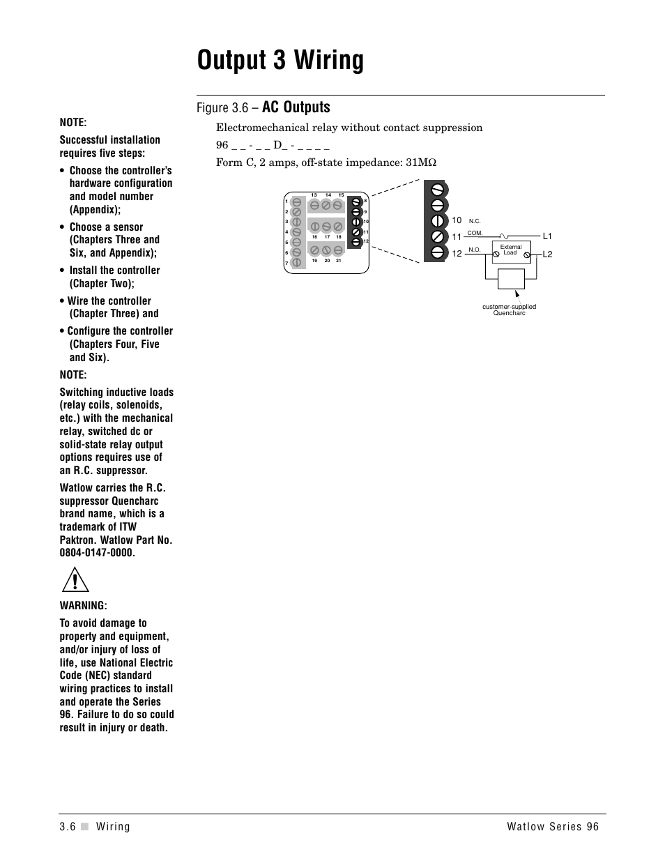 Output 3 wiring, Output 3, Ac outputs | Figure 3.6 | Watlow Series 96 User Manual | Page 12 / 72