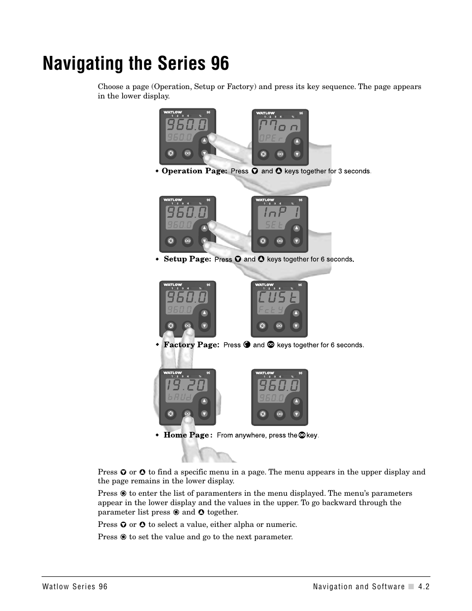 Navigating, Navigation, Navigating the series 96 | Watlow Series 96 User Manual | Page 17 / 72