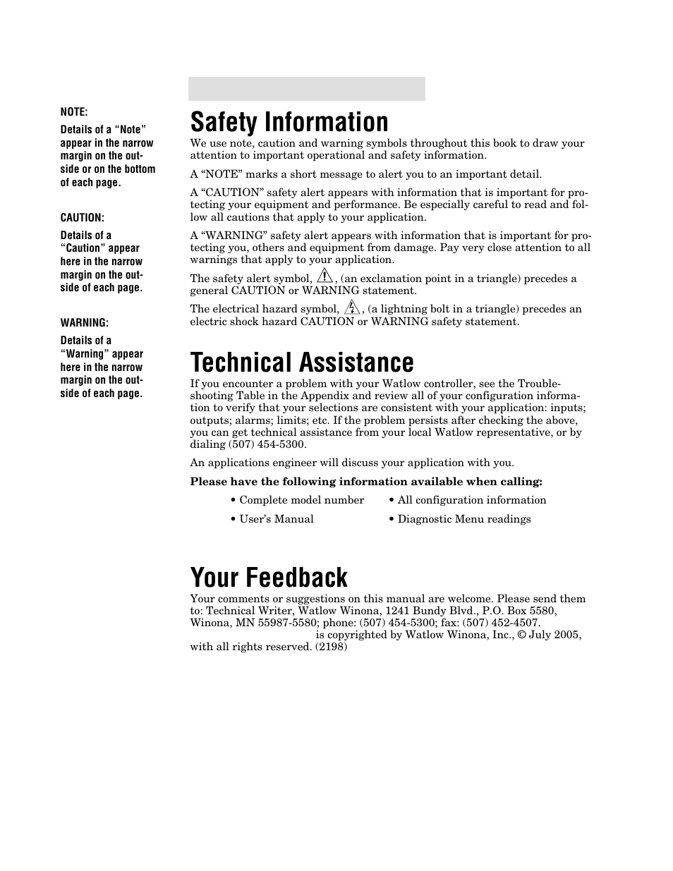 Safety information, Technical assistance, Your feedback | Watlow Series 96 User Manual | Page 2 / 72