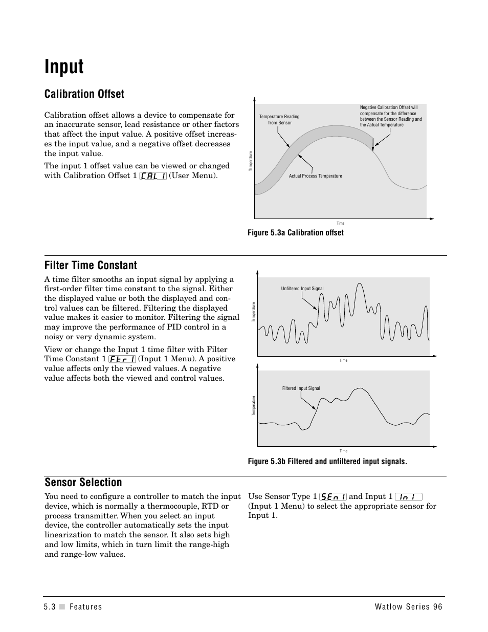 Input, Calibration offset, Filter time constant | Sensor selection | Watlow Series 96 User Manual | Page 22 / 72