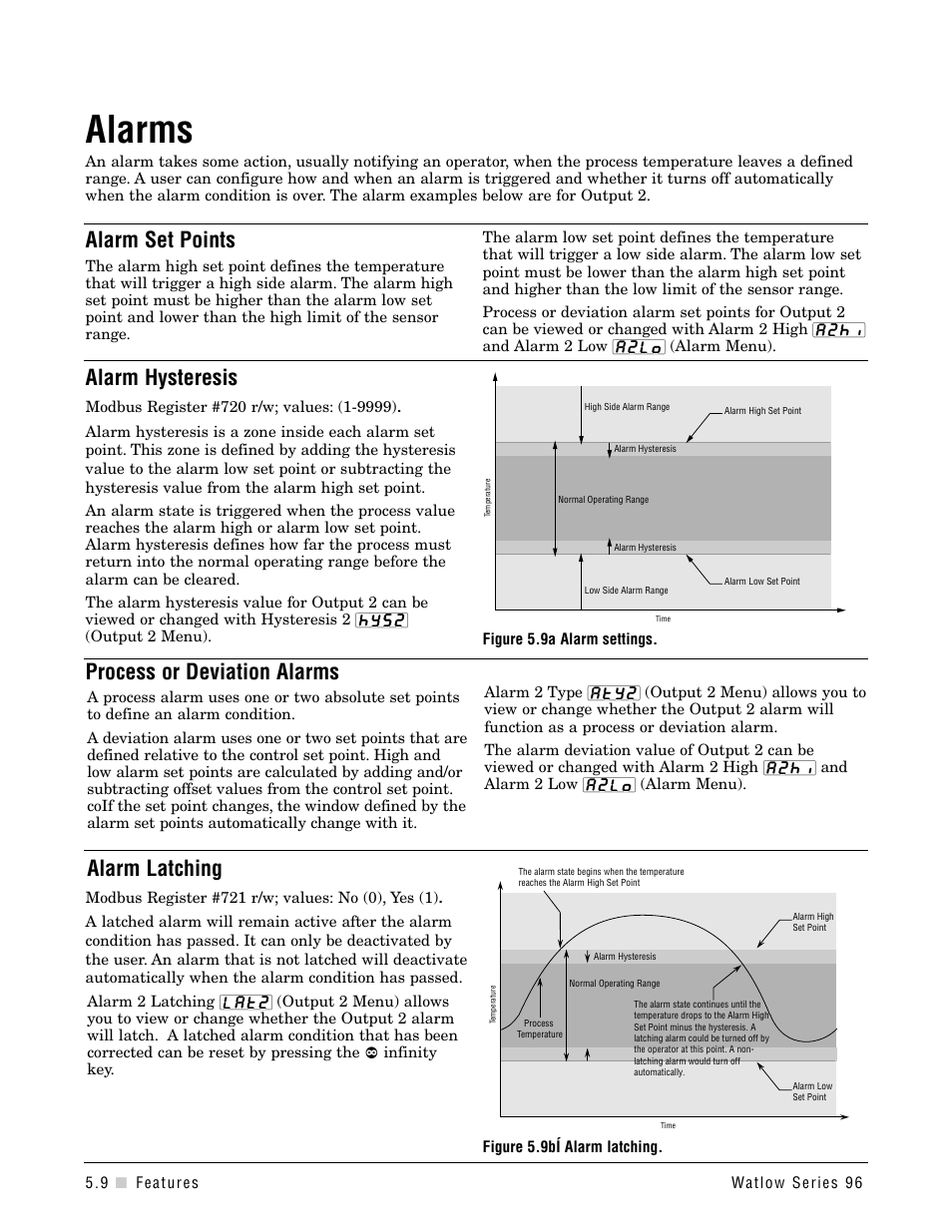 Alarms, Alarm hysteresis, Process or deviation alarms | Alarm latching, Alarm set points | Watlow Series 96 User Manual | Page 28 / 72