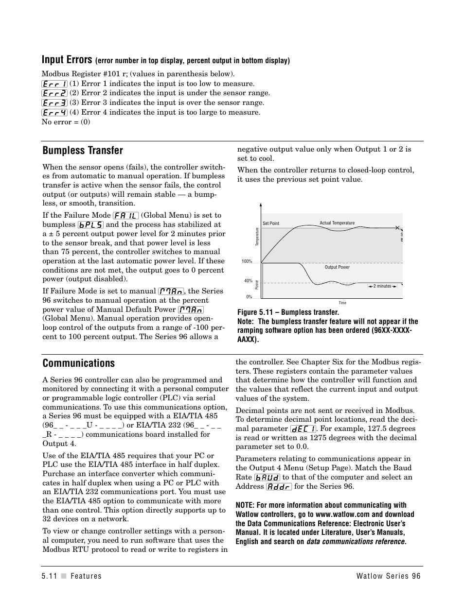 Communications, Input errors, Bumpless transfer | Watlow Series 96 User Manual | Page 30 / 72