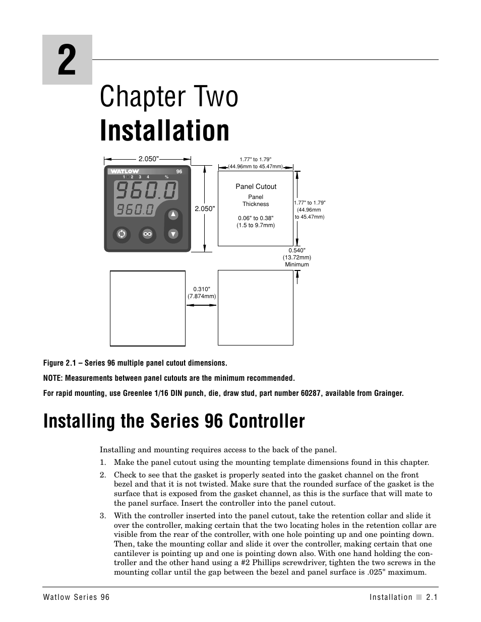 Chapter two, Installing, Installers | Chapter 2: installation, Chapter two installation, Installing the series 96 controller | Watlow Series 96 User Manual | Page 5 / 72