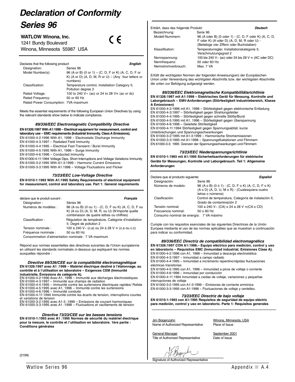 Declaration of conformity, Declaration of conformity . . . . . . . . a.4, Declaration of conformity series 96 | Watlow Series 96 User Manual | Page 63 / 72