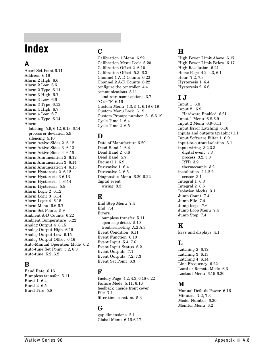 Index | Watlow Series 96 User Manual | Page 67 / 72