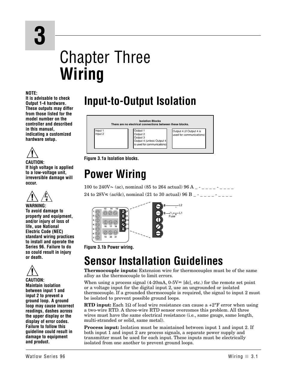 Chapter three, Sensor installation guidelines, Power wiring | Input-to-output, Chapter 3: wiring, Input to output isolation, Chapter three wiring, Input-to-output isolation | Watlow Series 96 User Manual | Page 7 / 72