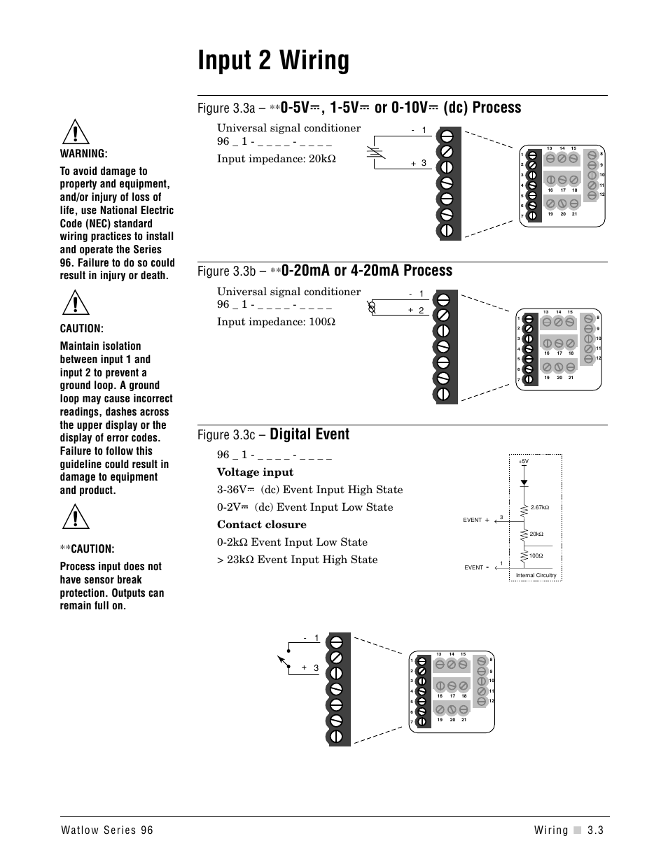 Input 2 wiring, Input 2, Digital event | Figure 3.3a, Figure 3.3b, Figure 3.3c | Watlow Series 96 User Manual | Page 9 / 72