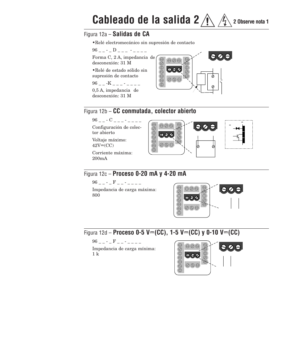Cableado de la salida 2, Salidas de ca, Cc conmutada, colector abierto | 2 observe nota 1 figura 12a, Figura 12b, Figura 12c, Figura 12d | Watlow Series 96 User Manual | Page 12 / 21