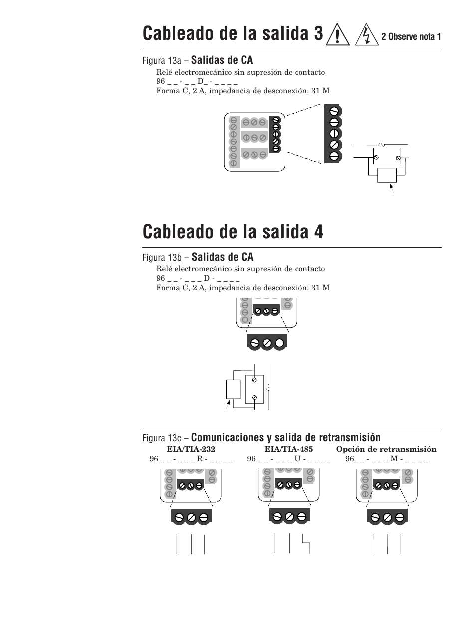 Cableado de la salida 3, Cableado de la salida 4, Salidas de ca | Comunicaciones y salida de retransmisión, 2 observe nota 1 figura 13a, Figura 13b, Figura 13c | Watlow Series 96 User Manual | Page 13 / 21