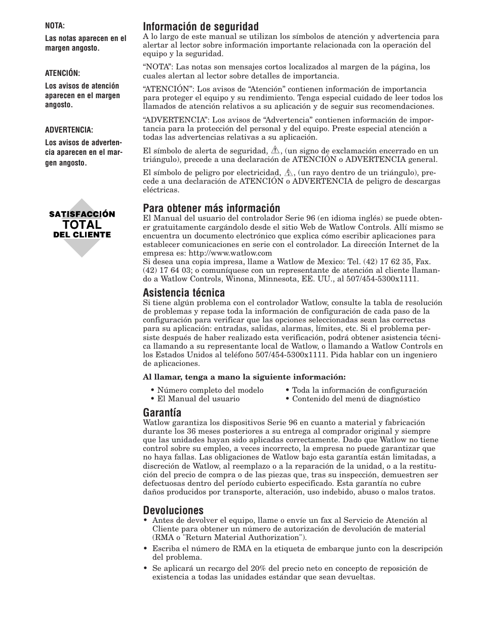 Información de seguridad, Para obtener más información, Asistencia técnica | Garantía, Devoluciones | Watlow Series 96 User Manual | Page 4 / 21