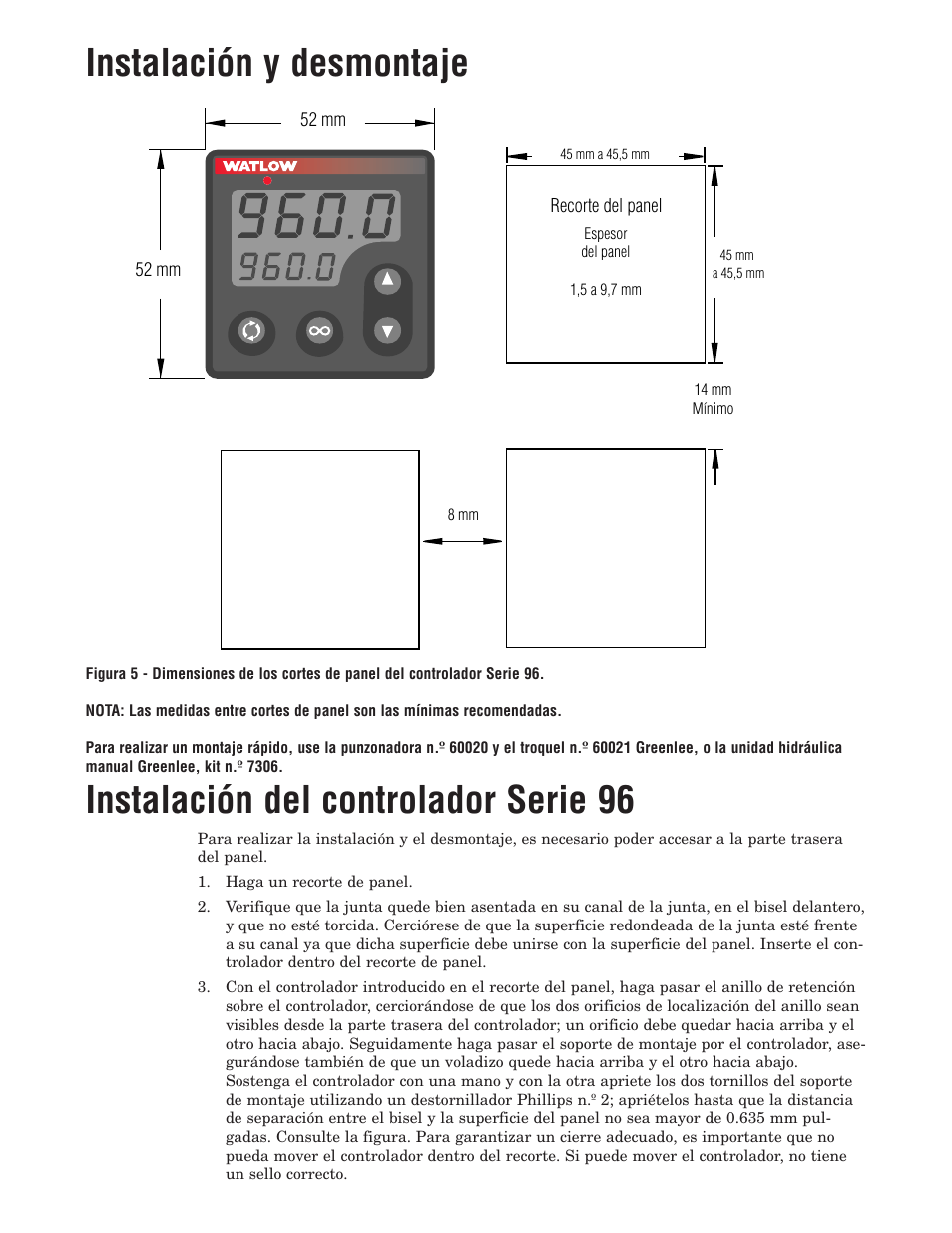 Instalación y desmontaje, Instalación del controlador serie 96 | Watlow Series 96 User Manual | Page 5 / 21