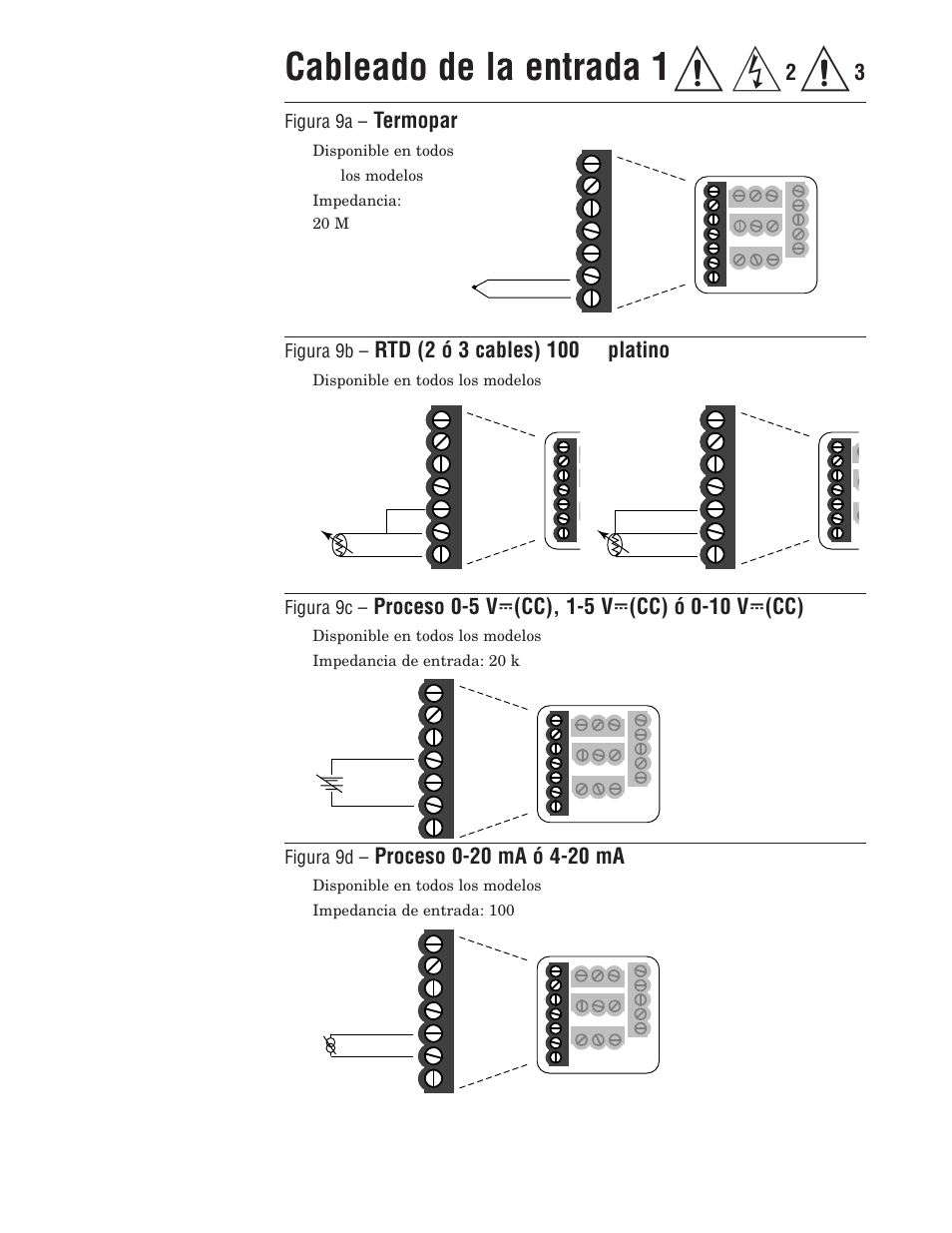 Cableado de la entrada 1, Termopar, Figura 9a | Figura 9b, Figura 9c, Figura 9d, Disponible en todos los modelos impedancia: 20 m ω, Disponible en todos los modelos | Watlow Series 96 User Manual | Page 9 / 21