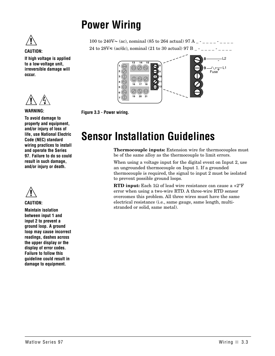 Power wiring, Sensor installation guidelines | Watlow Series 97 User Manual | Page 13 / 88