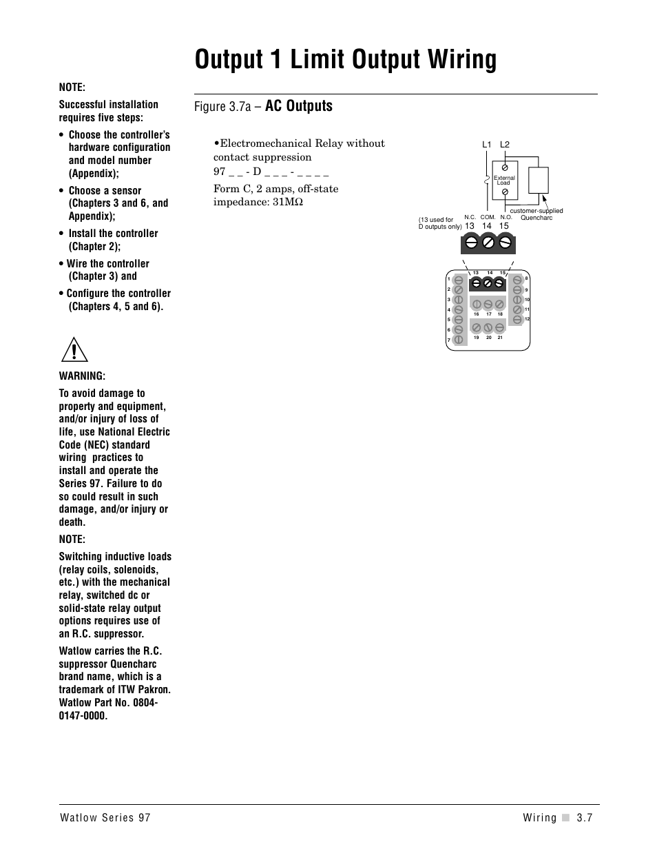 Output 1 limit output wiring, Ac outputs, Figure 3.7a | Watlow Series 97 User Manual | Page 17 / 88
