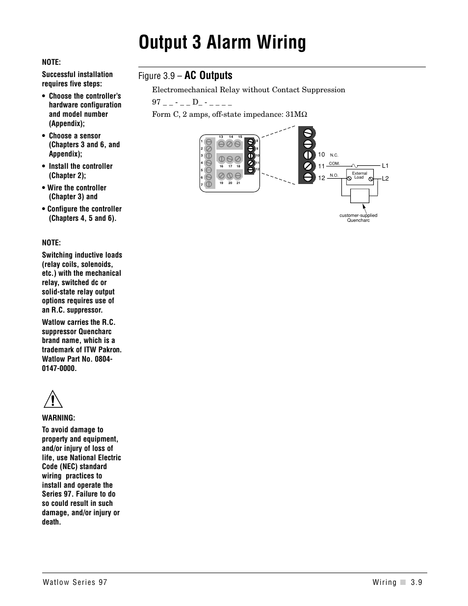 Output 3 alarm wiring, Ac outputs, Figure 3.9 | Watlow Series 97 User Manual | Page 19 / 88
