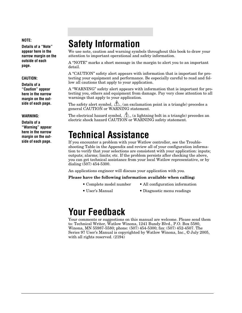 Safety information, Technical assistance, Your feedback | Watlow Series 97 User Manual | Page 2 / 88