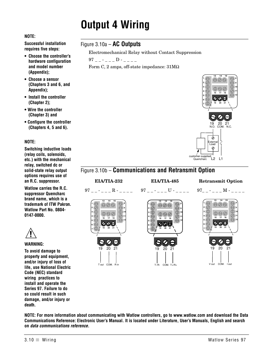 Output 4 wiring, Ac outputs, Communications and retransmit option | Output 4, Figure 3.10a, Figure 3.10b | Watlow Series 97 User Manual | Page 20 / 88