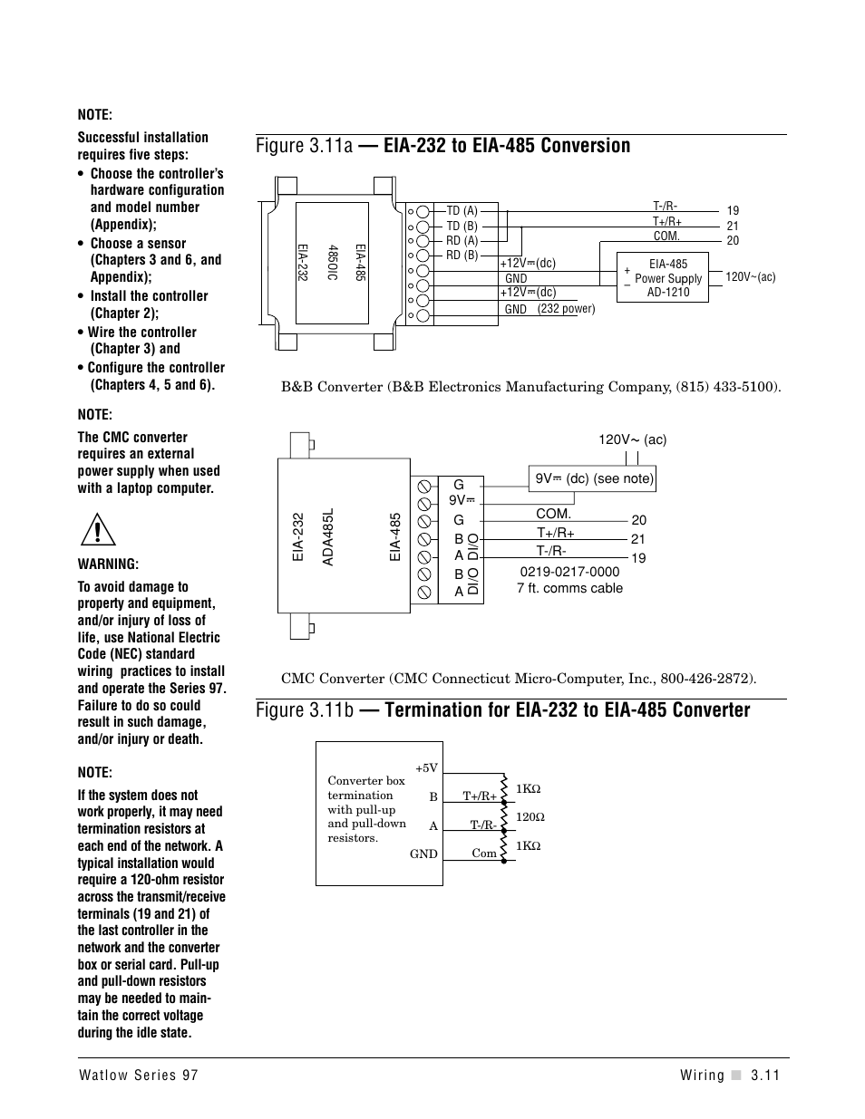 Eia-232 to eia-485 conversion, Termination for eia-232 to eia-485 converter, Eia conversions | Watlow Series 97 User Manual | Page 21 / 88