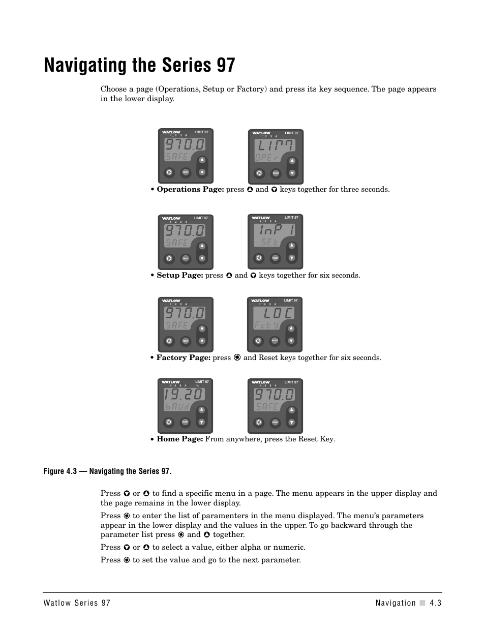Navigating the series 97, Navigation, Factory page: press | Watlow Series 97 User Manual | Page 25 / 88