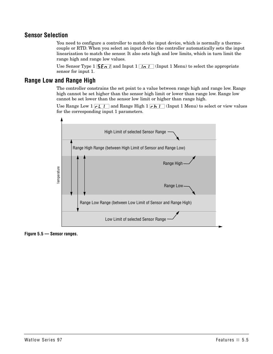Sensor selection, Range low and range high | Watlow Series 97 User Manual | Page 33 / 88