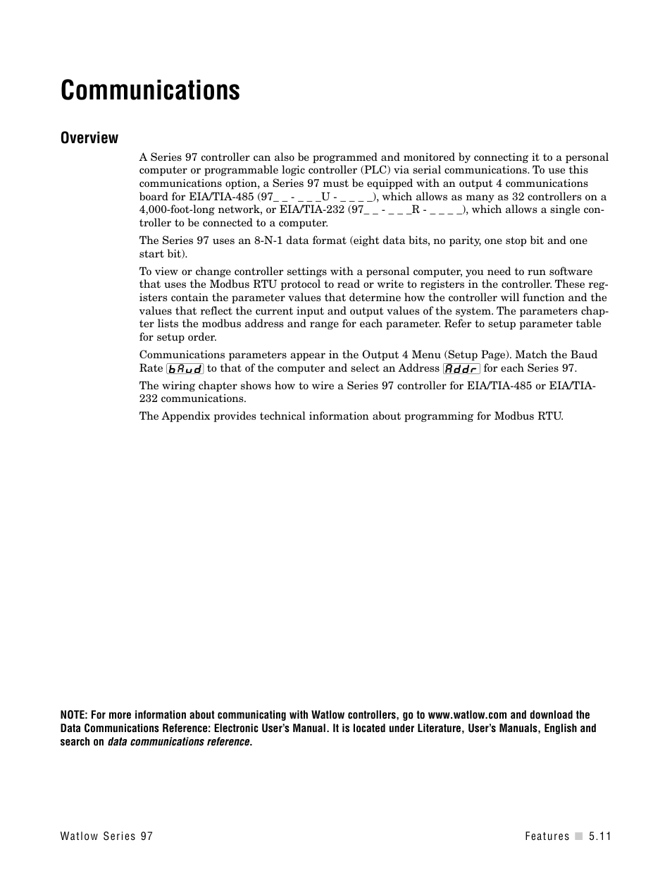 Communications, Overview | Watlow Series 97 User Manual | Page 39 / 88