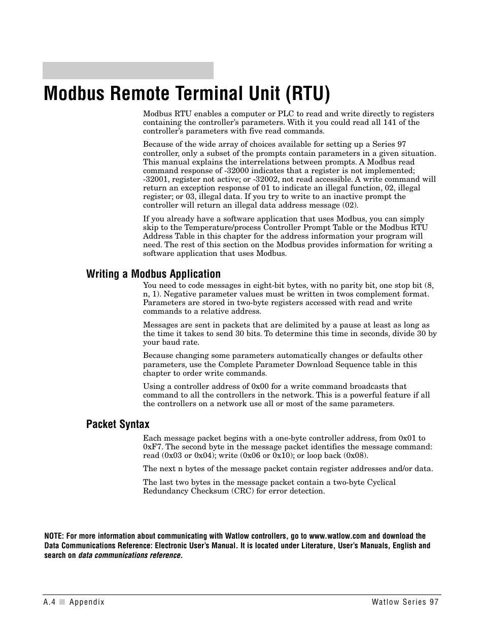 Modbus remote terminal unit (rtu), Writing a modbus application, Packet syntax | Output 4 menu | Watlow Series 97 User Manual | Page 66 / 88