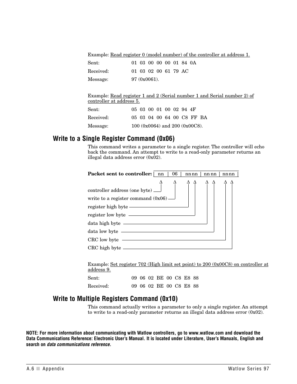 Write to a single register command (0x06), Write to multiple registers command (0x10) | Watlow Series 97 User Manual | Page 68 / 88