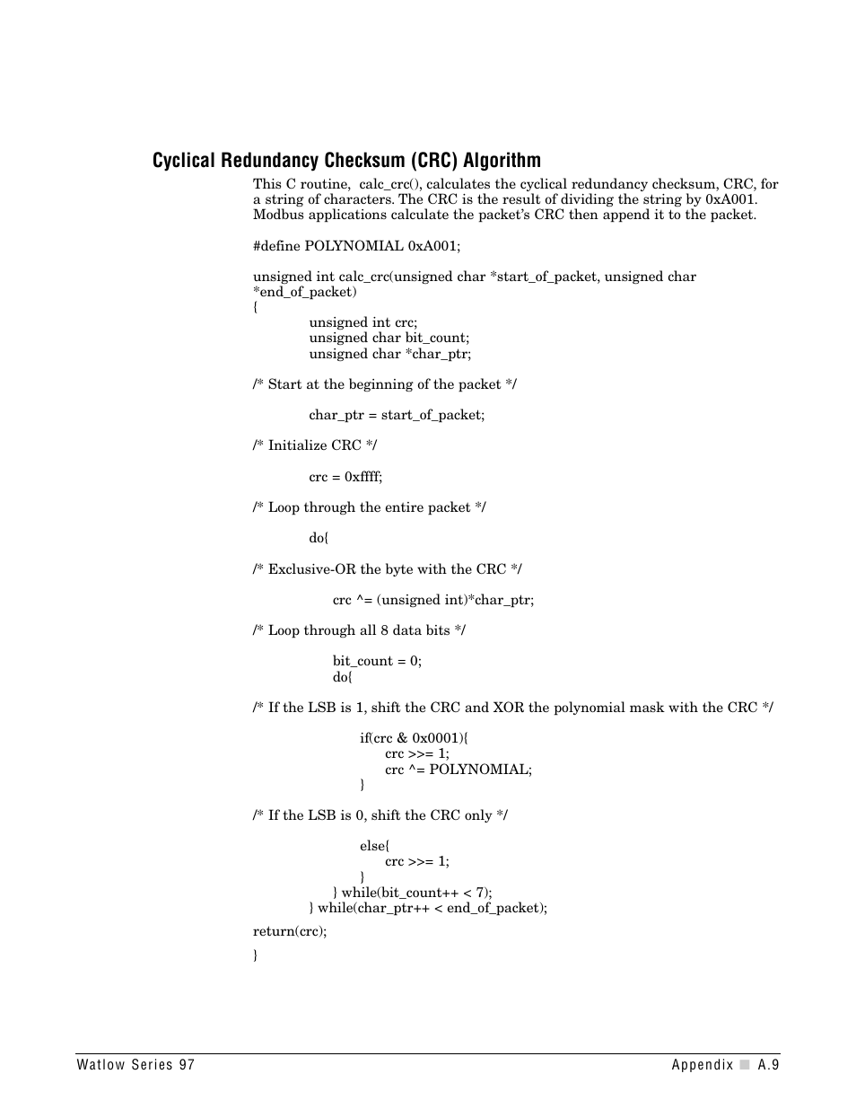 Cyclical redundancy checksum (crc) algorithm | Watlow Series 97 User Manual | Page 71 / 88