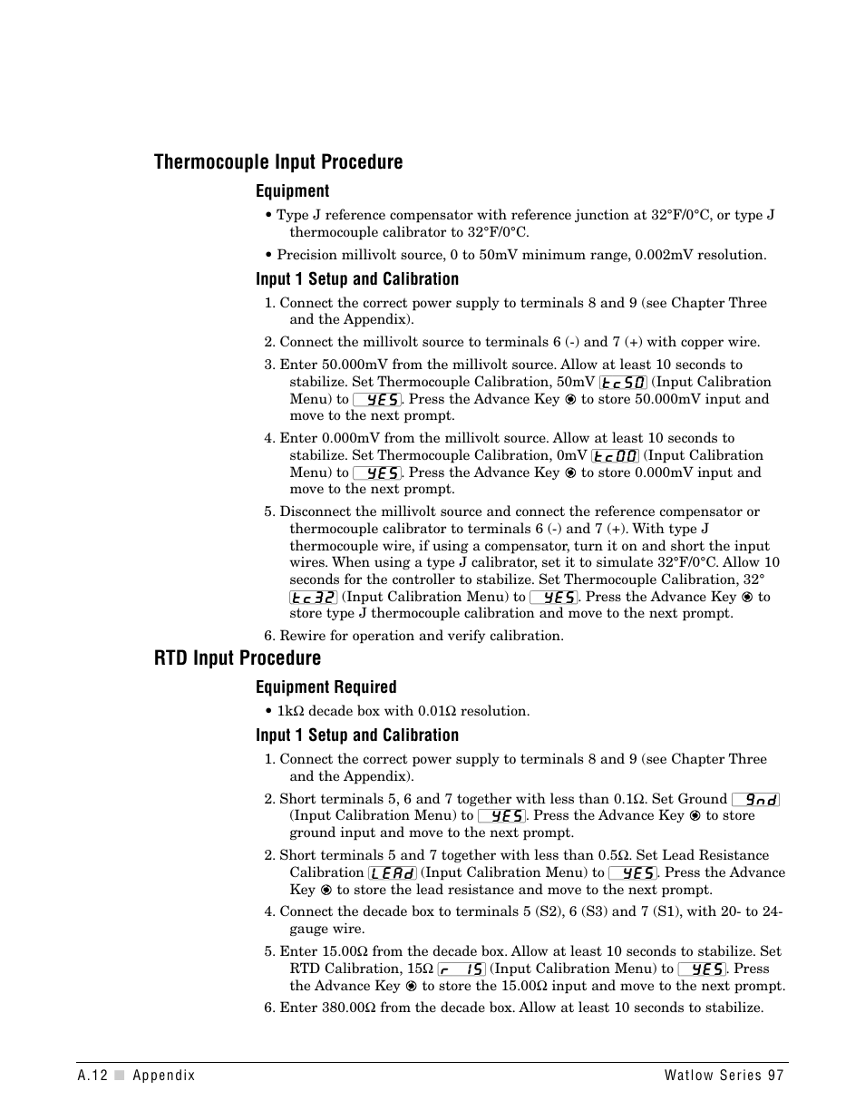 Thermocouple input procedure, Rtd input procedure | Watlow Series 97 User Manual | Page 74 / 88
