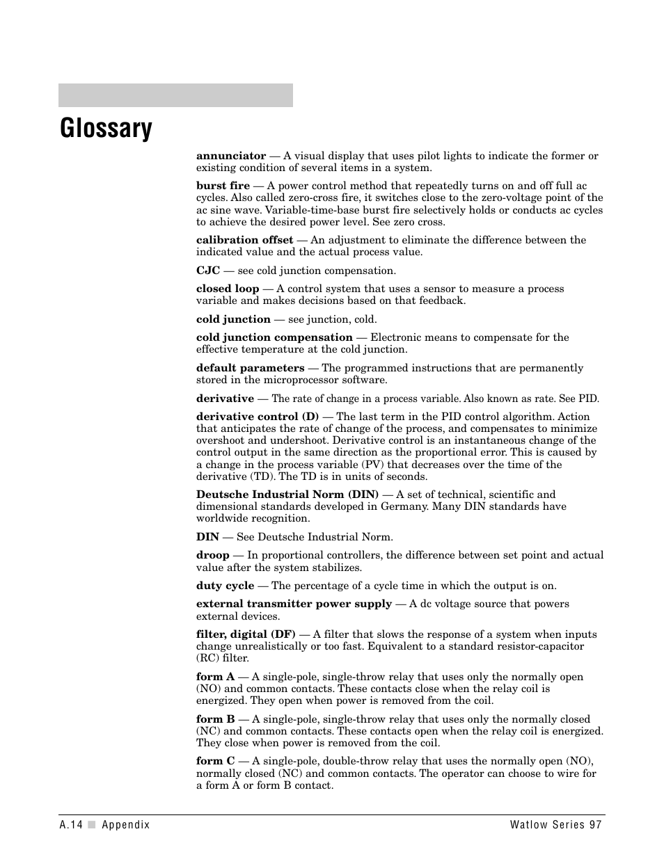 Glossary, A.14 | Watlow Series 97 User Manual | Page 76 / 88