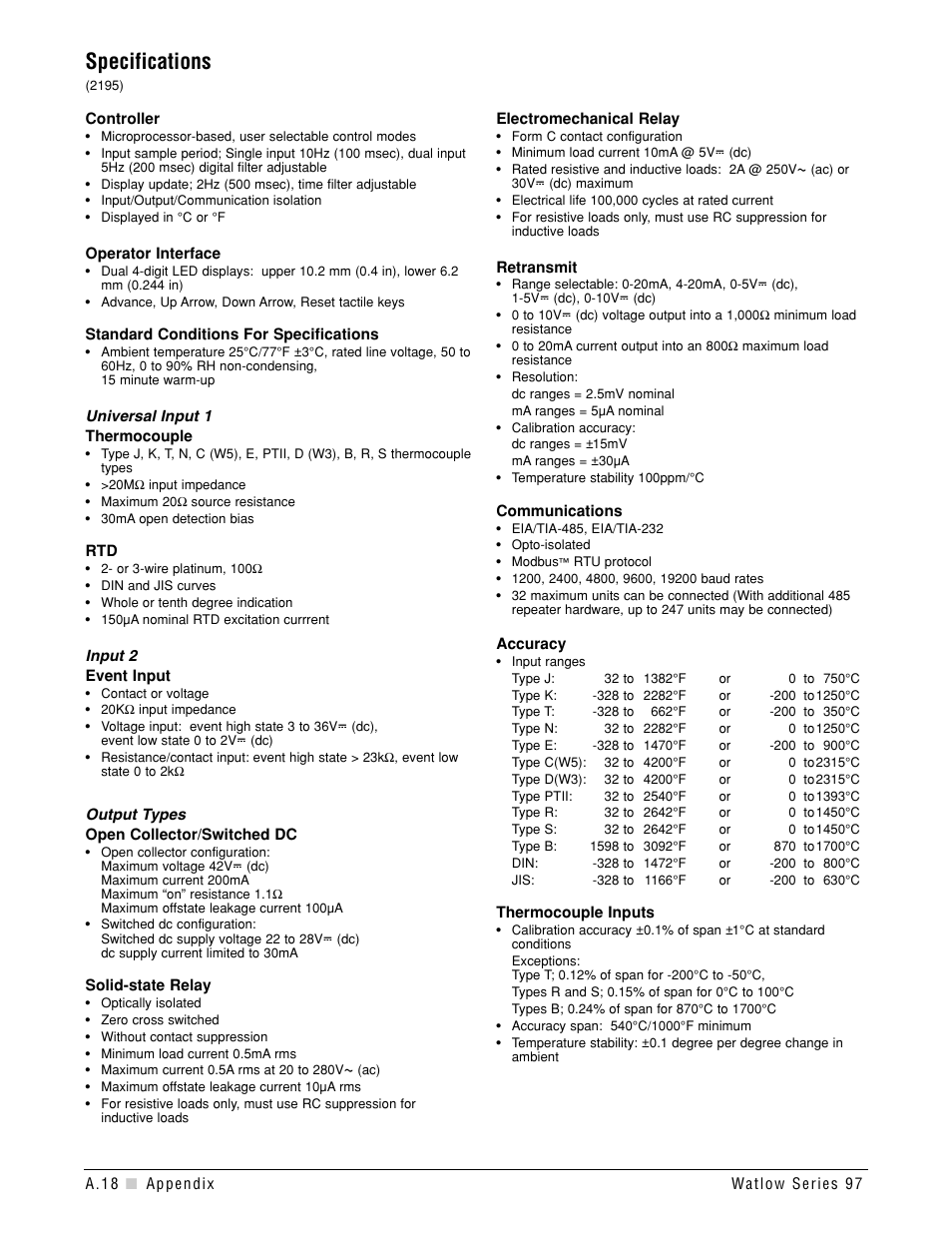 Specifications, A.18 | Watlow Series 97 User Manual | Page 80 / 88