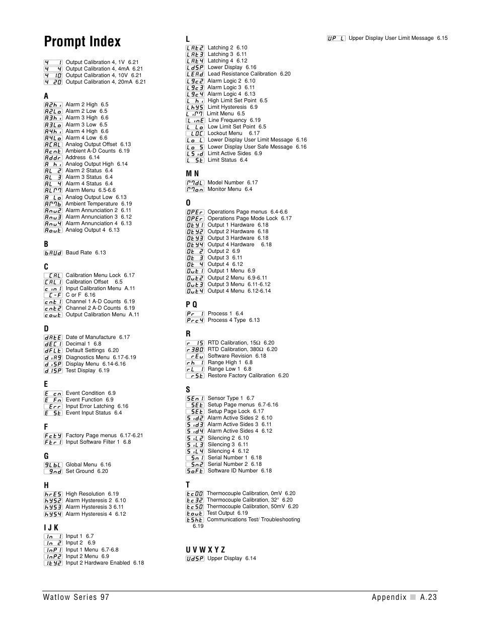 Prompt index, A.23, I j k | Watlow Series 97 User Manual | Page 85 / 88