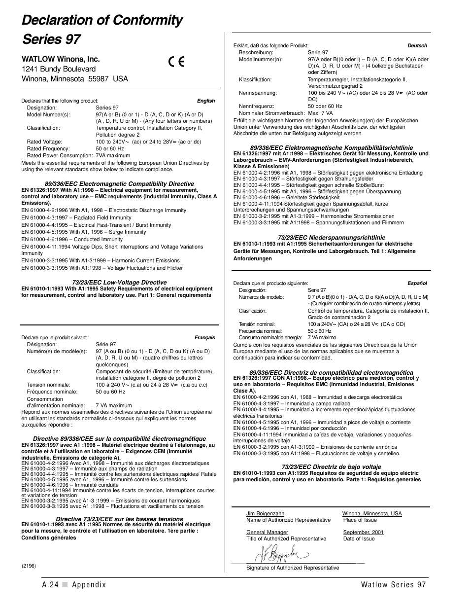 Declaration of conformity, A.24, Declaration of conformity series 97 | Watlow Series 97 User Manual | Page 86 / 88