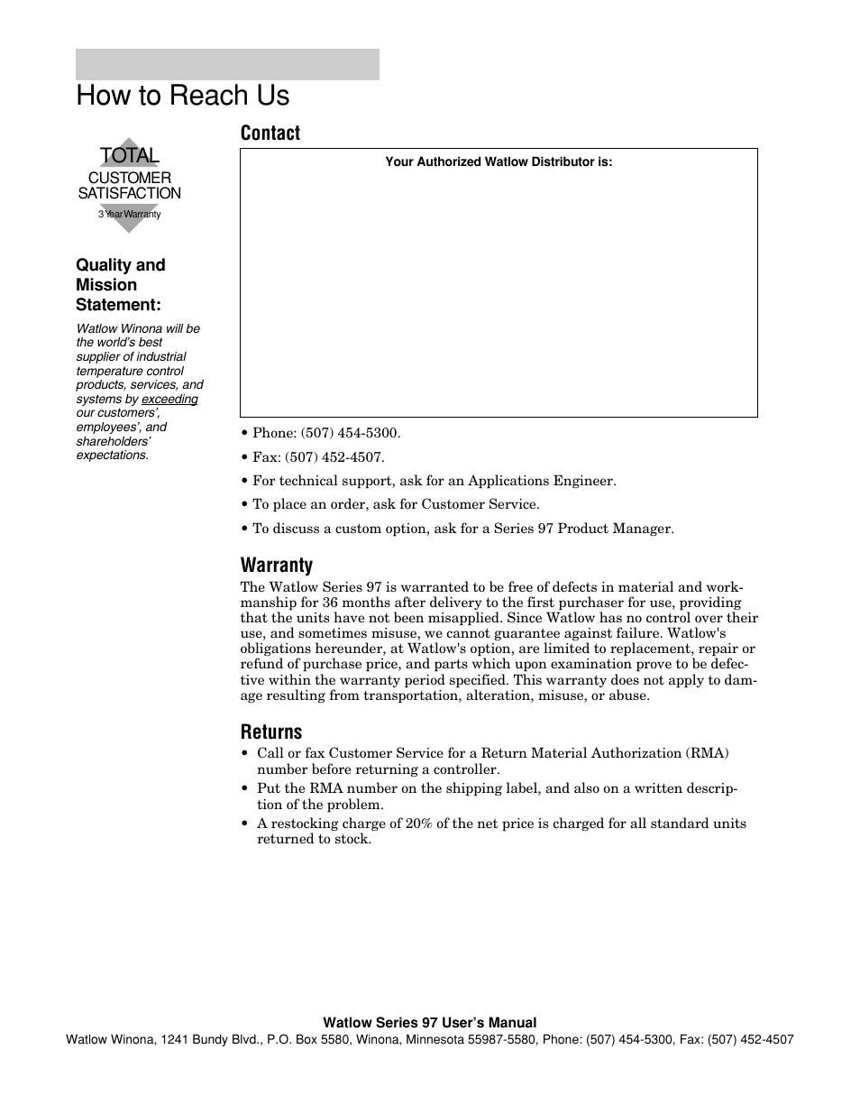 How to reach us, Warranty, Returns | Back cover, Warranty information . . . . . . . . . back cover, Warranty information back cover, Total, Contact | Watlow Series 97 User Manual | Page 88 / 88