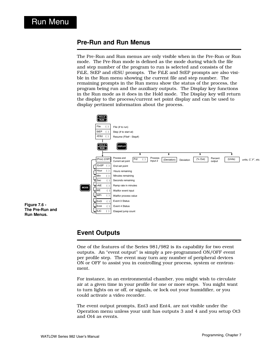 Pre-run and run menus, Event outputs, 6 run and pre-run menus 7.6 event outputs | Run menu, Figure 7.6 - the pre-run and run menus | Watlow Series 982 User Manual | Page 100 / 141