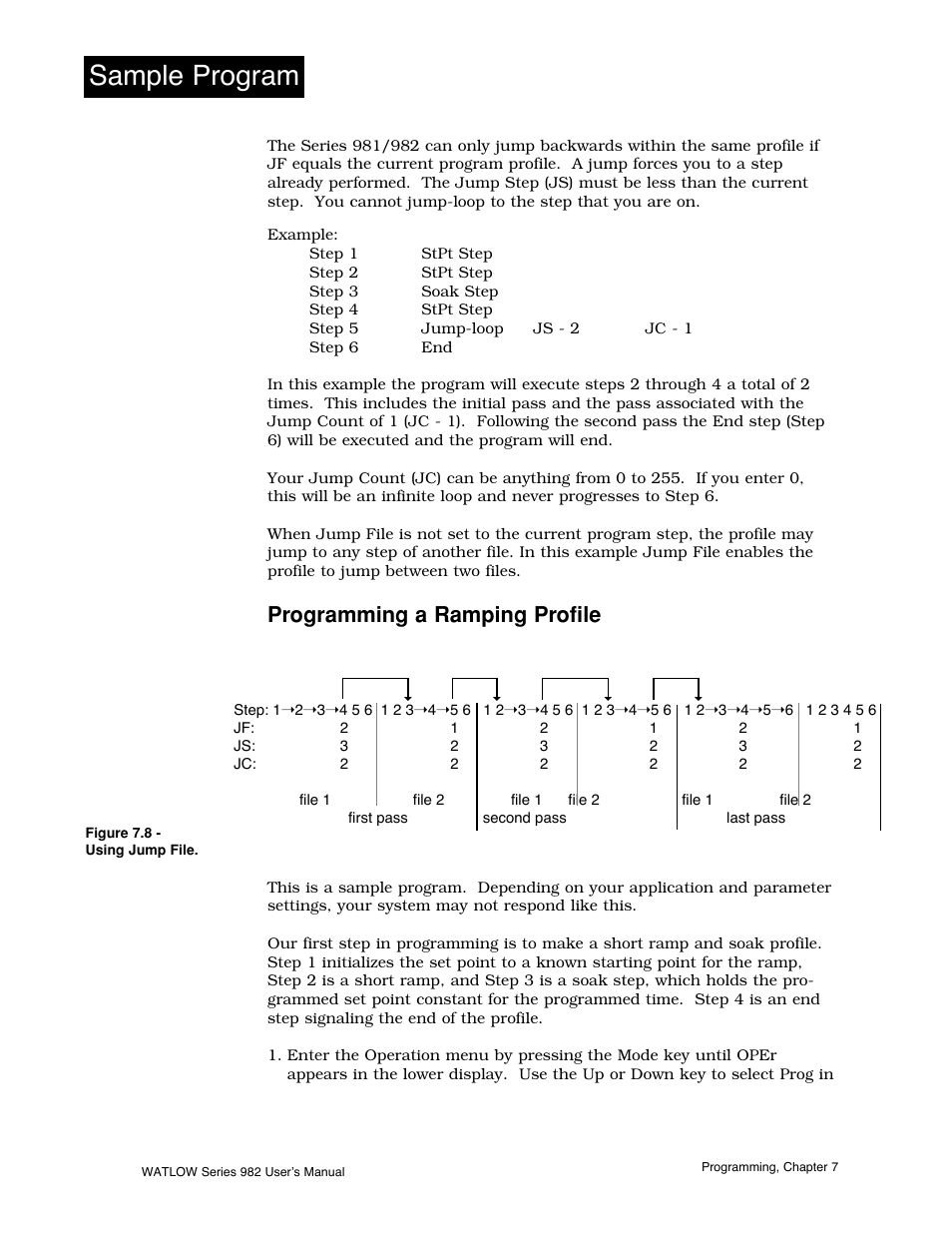 Programming a ramping profile, 8 jump-loops 7.8 programming a ramping profile, Sample program | Watlow Series 982 User Manual | Page 102 / 141