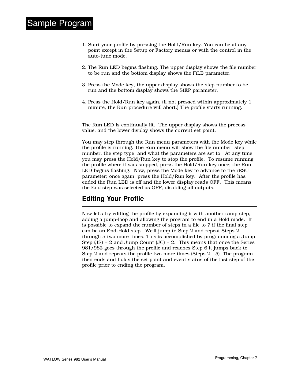 Editing your profile, 10 running your profile 7.10 editing your profile, Sample program | Watlow Series 982 User Manual | Page 104 / 141