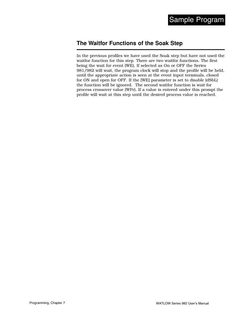 The waitfor functions of the soak step, 13 waitfor functions, Sample program | Watlow Series 982 User Manual | Page 107 / 141